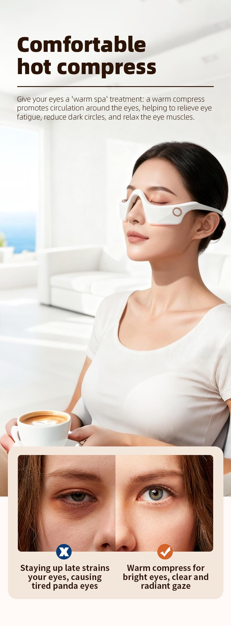 NoAging Under-Eye Light Therapy Device for Eye Bags, Dark Circles & Fatigue, White | 3 Modes & 3 Levels, Under-Eye Light Therapy Device with Vibration Massage, Gel Pads & Straps, for Home, Office and Travel Use