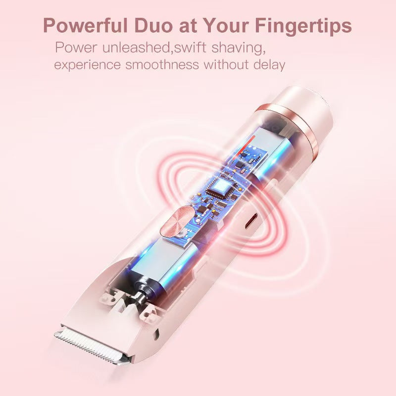NoAging Trimmer for Women, Electric Shaver and Razor Rechargeable 2-in-1 Body and Facial Epilator, Dual Heads for Painless Trimming of Pubic Hair, Face, Underarms and Legs, Summer Gift