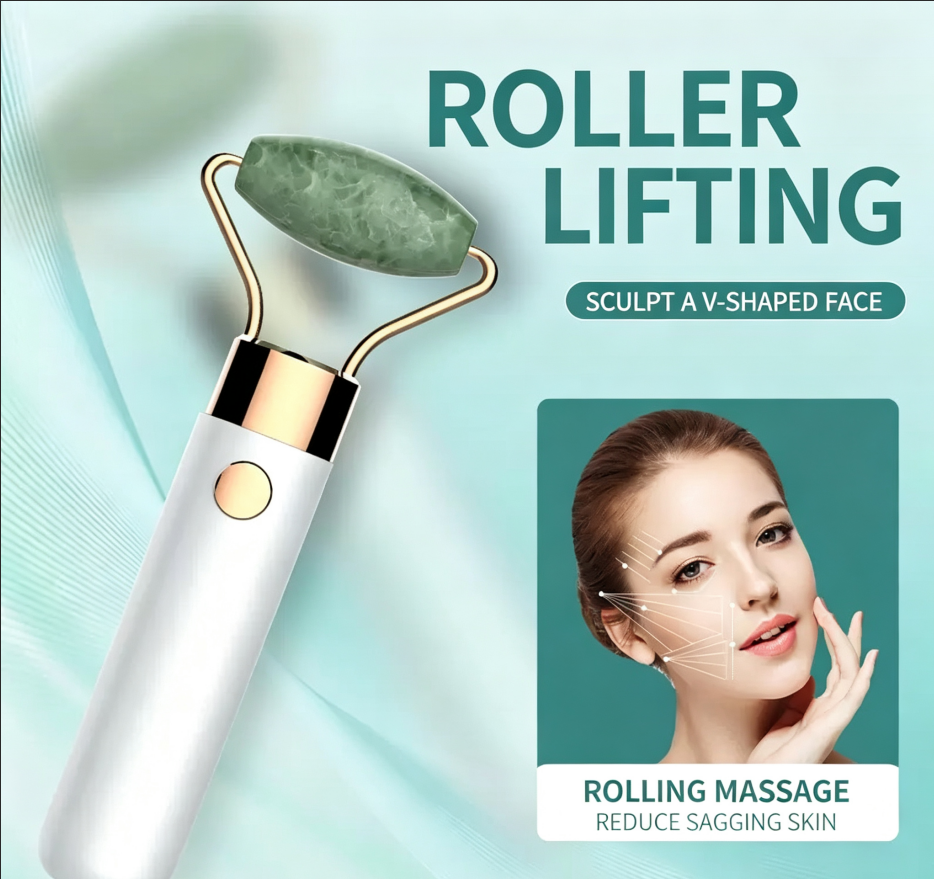 Upgrade 2 in 1 Vibrating Jade Facial Massager Roller, Electric Rose Quartz Eye Face Roller to Press Skin Cream Oil for Anti-Aging Reducing Wrinkles and Glowing Youthful Skin Tone