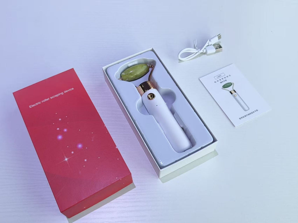 Upgrade 2 in 1 Vibrating Jade Facial Massager Roller, Electric Rose Quartz Eye Face Roller to Press Skin Cream Oil for Anti-Aging Reducing Wrinkles and Glowing Youthful Skin Tone