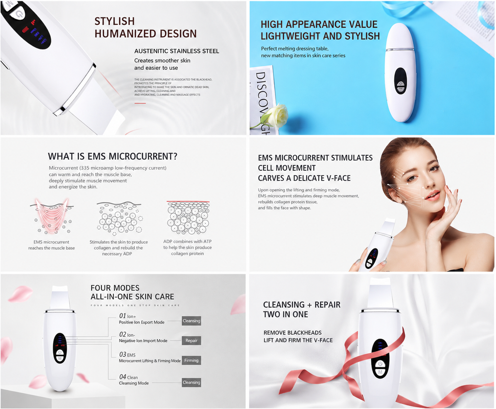 NoAging Waterproof Skin Scrubber 4-in-1 Facial Spatula Pore Cleaner for Face | Blackhead remover with 4 modes,rounded stainless steel head,10-minute auto-off,Type-C charging and 2 silicone attachments.