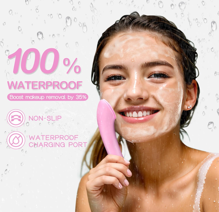 NoAging Facial Cleansing Brush, Rechargeable Silicone Face Scrubber with Heat Massage End, Vibrating Exfoliator Scrubber for Deep Cleaning, Waterproof Face Brush for Women and Men (Pink)