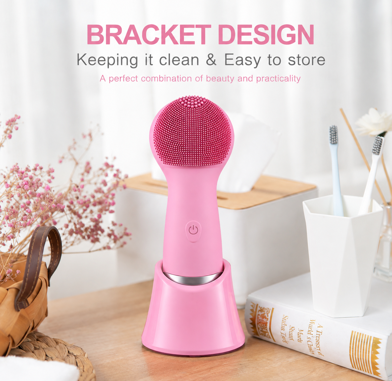 NoAging Facial Cleansing Brush, Rechargeable Silicone Face Scrubber with Heat Massage End, Vibrating Exfoliator Scrubber for Deep Cleaning, Waterproof Face Brush for Women and Men (Pink)
