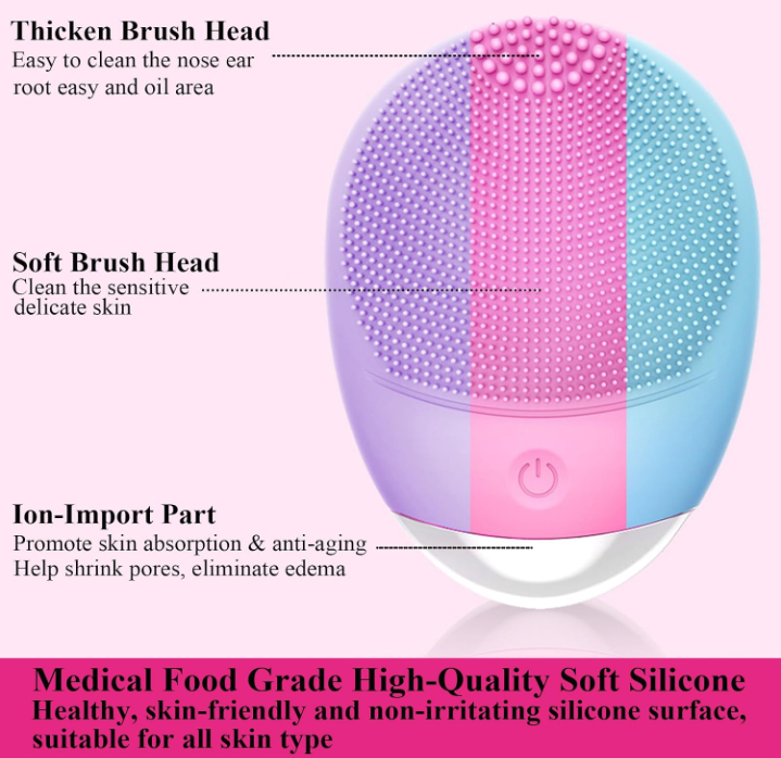 NoAging Facial Cleansing Brush, 3-in-1 Electric Soft Silicone Waterproof Face Scrubber, USB Rechargeable IPX7 Waterproof Sonic Vibrating Face Brush for Deep Cleansing, Gentle Exfoliating and Massaging